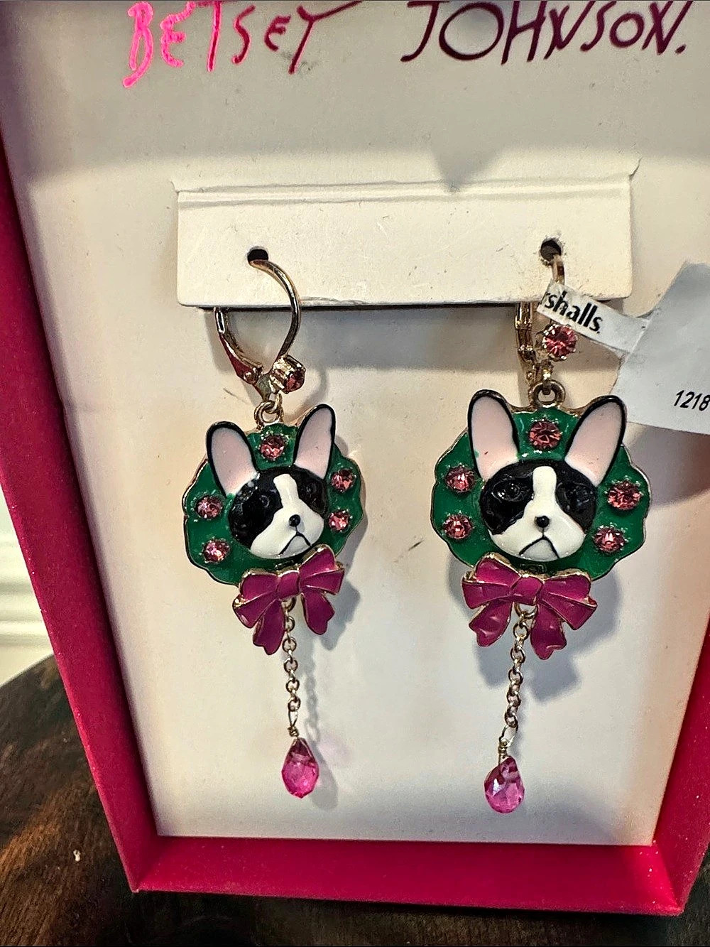 Betsey Johnson dog with wreath and pink bow Dangle Earrings